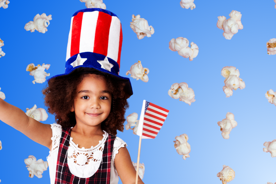 Gift with American Flag with popcorn background