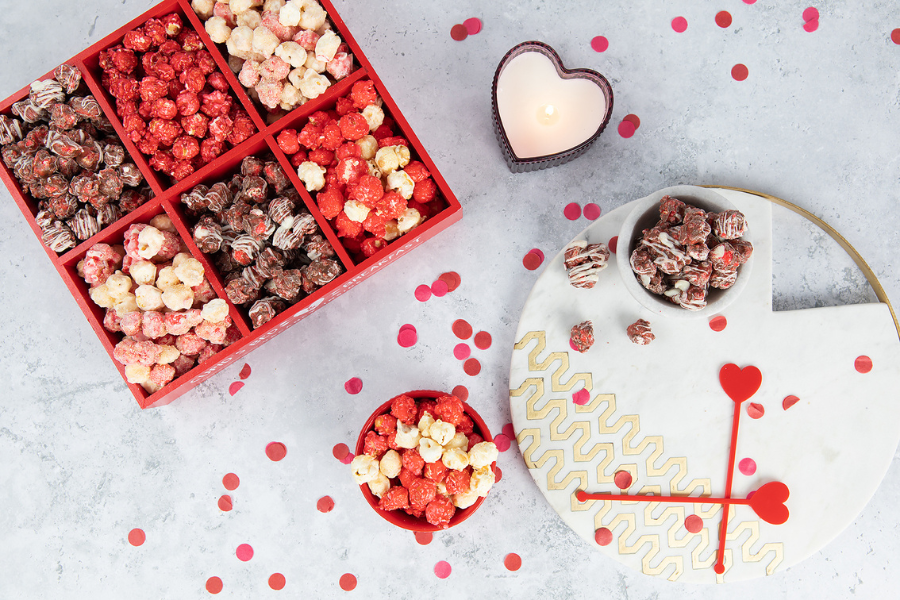 Various Popcorn Flavors themed for Valentine's Day