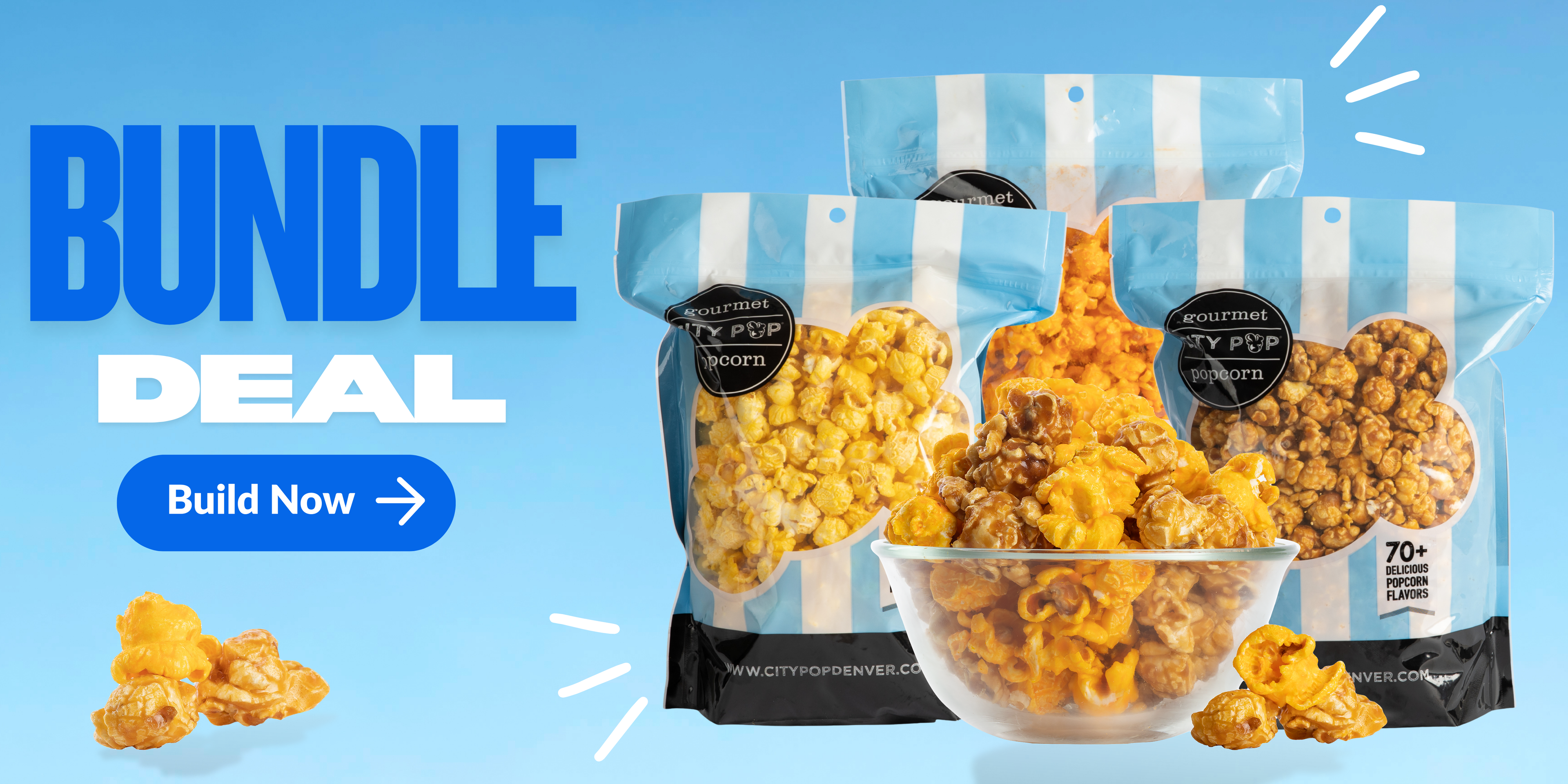 Bundle deal, save now. Three bags of popcorn surrounded by popped kernels.